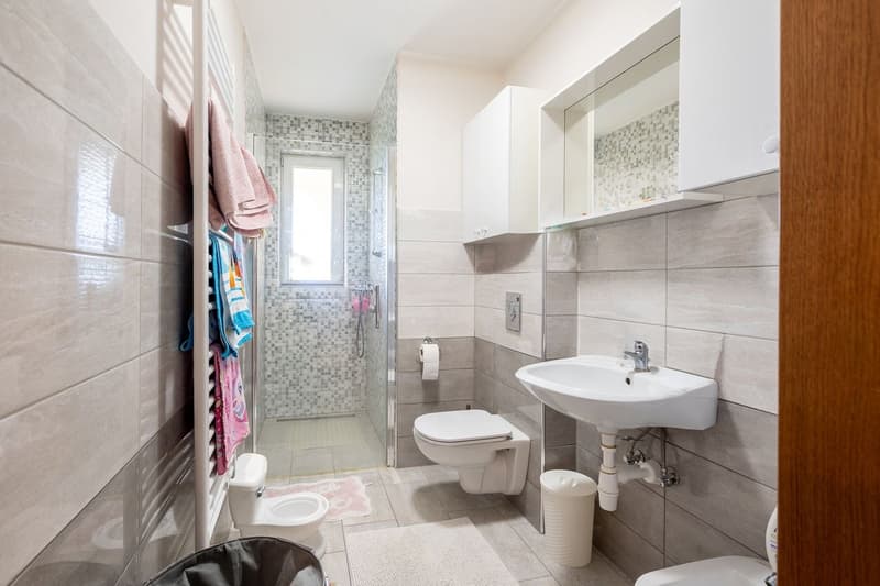 modern bathroom with shower, toilet, sink, cabinets, towel rack, trash bin, bidet