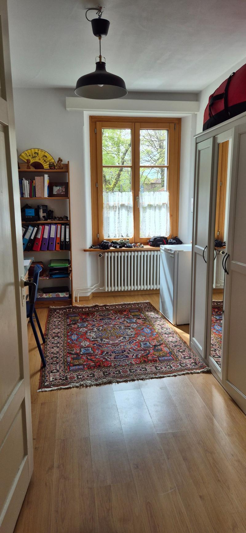wooden floor, large window, rug, bookshelf, radiator, wardrobe, desk, chair