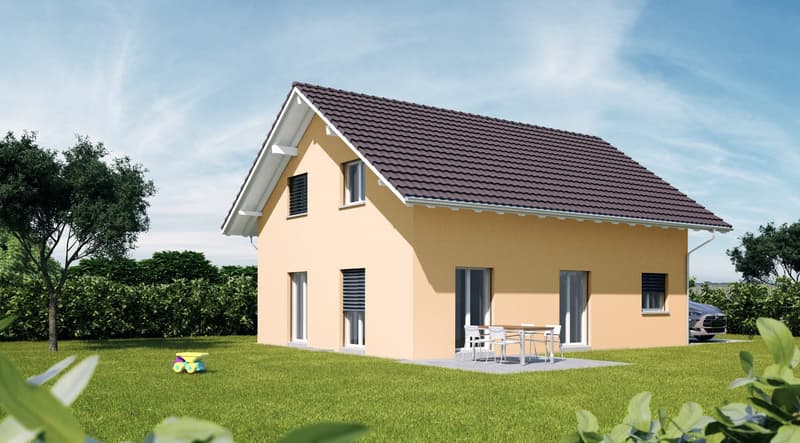 2 story house, brown roof, yellow walls, large windows, garage, large front lawn, garden furniture