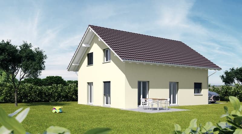 Single-family house, beige exterior, brown roof, large windows, patio with table and chairs, car parked in front