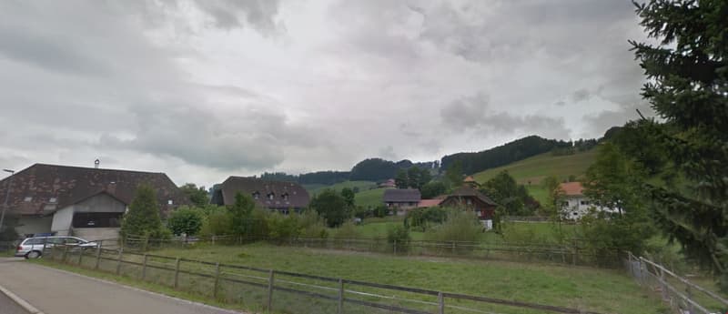 Houses in a rural area, surrounded by trees and grass, cloudy sky, a car parked on the side of the road