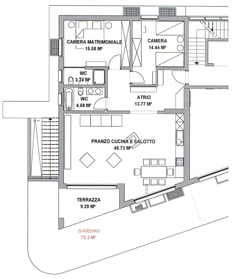 2 bedrooms, 2 bathrooms, kitchen and dining room, balcony, terrace, garden