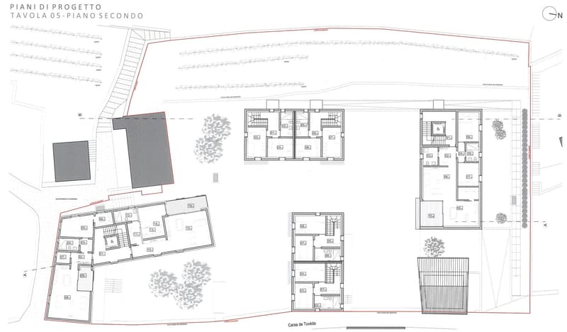 The image shows the floor plan of a building. It consists of multiple levels, with the second floor plan shown in detail. The plan includes a living room, kitchen, 4 bedrooms, 2 bathrooms, and a balcony.