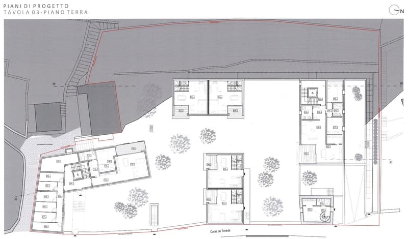 The floor plan shows a multi-level residential building with several units. It includes a living room, kitchen, 2 bedrooms, and 2 bathrooms. There is also a balcony or terrace visible.