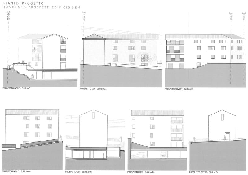 The image shows the floor plans and elevations of a multi-story building complex. It includes three main buildings labeled as Edificio 01, Edificio 04, and their respective elevations from the North, East, South, and West perspectives. The floor plans ind