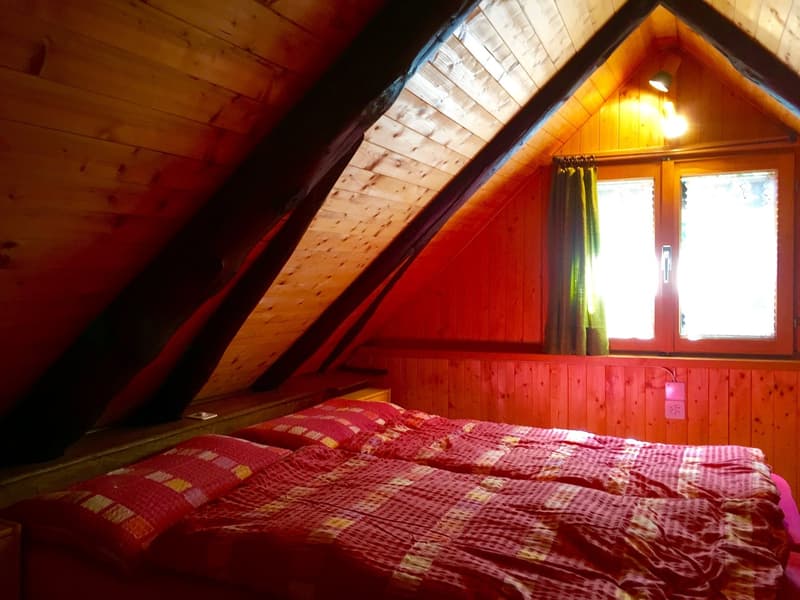 Two twin beds, red and yellow bedspreads, two windows, wooden ceiling, wooden wall, bed under the sloped ceiling