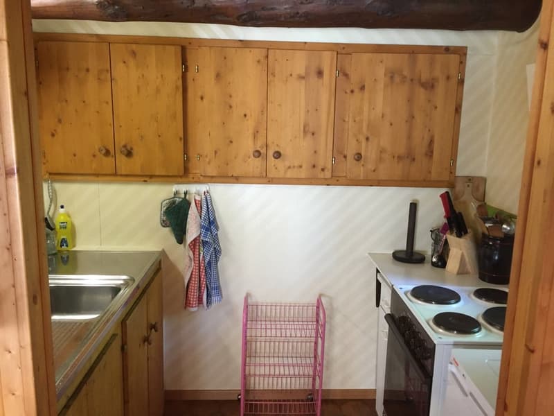 Wooden cabinets, white walls, stainless steel sink, white oven, gas stove, dish rack, towel, bottle on the counter