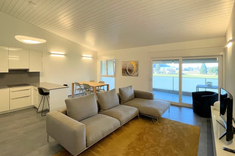modern living room with gray sofa, wooden table, chairs, kitchen, balcony, large windows, carpet, TV, artwork