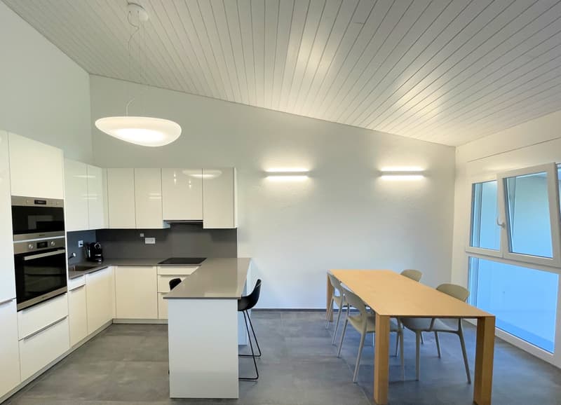 modern kitchen with white cabinets, gray countertops, built-in oven and stove, pendant light, dining table and chairs, large windows
