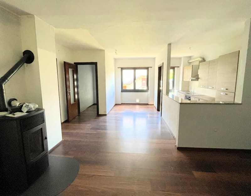 empty room, hardwood floors, a fireplace, a kitchen with an island and open cabinets