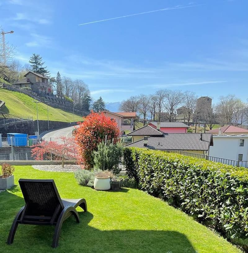green lawn, plants, hedges, lounge chair, distant buildings and landscape