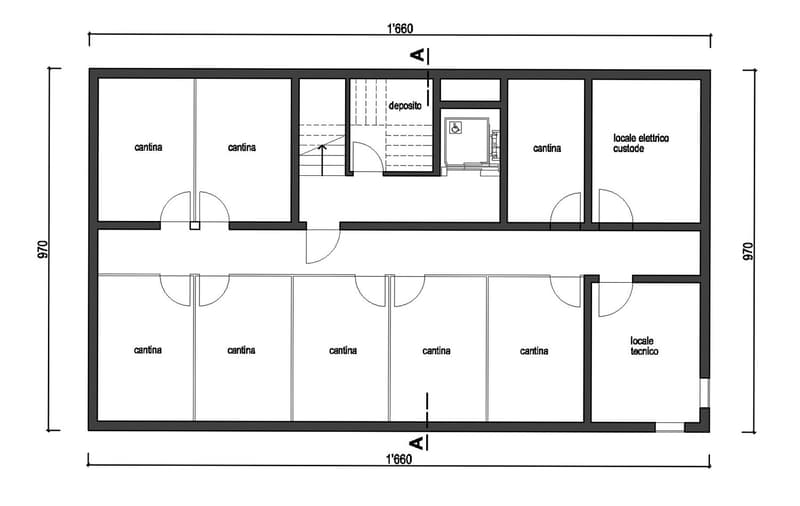 Main hall, 4 storage rooms, 3 large rooms, a small room for a deposit, two technical rooms, a bathroom