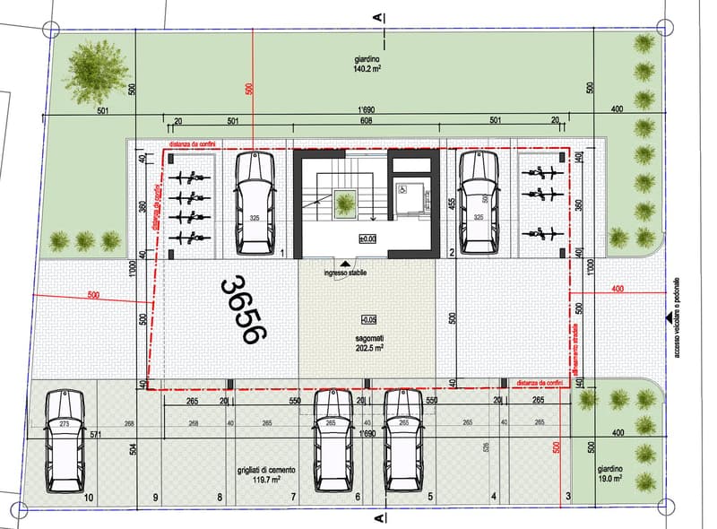 Multiple vehicle parking stalls, accessible parking space with curb cuts, a stable entrance, and designated garden and parking areas.