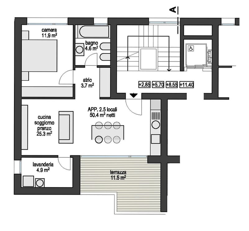 Living room with dining room, Kitchen, bathroom, bedroom, accessible room, laundry room, attic room