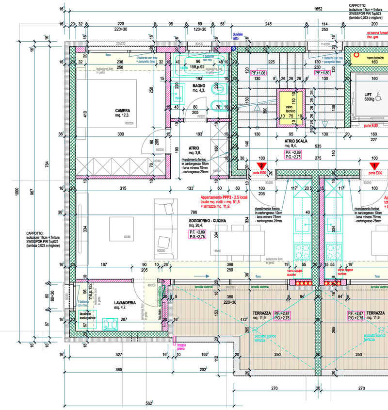 Living room, kitchen, 2 bedrooms, 2 bathrooms, bathroom, laundry room, balcony, terrace