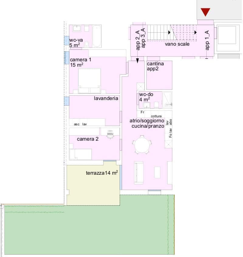 2 bedrooms, living area, dining area, kitchen, 2 bathrooms, laundry area, terrace