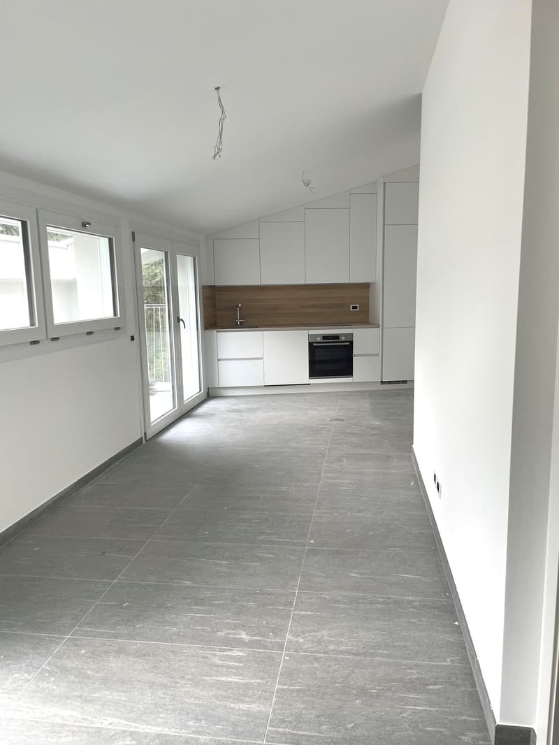 Empty room, white walls, gray tiles, kitchen area with glass doors, large windows