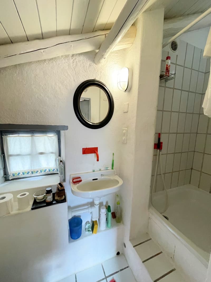 Bathroom with a sink, shower, window, mirror, and shelf with bathroom essentials.