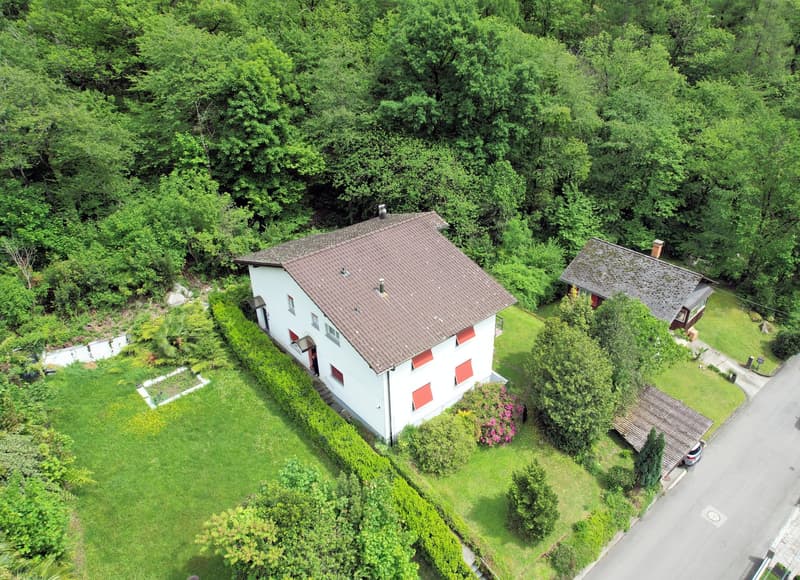 Aerial view of a 2-story house with a brown roof and white walls, situated in a lush green environment. The house features red window shutters and is surrounded by greenery, including bushes and a large grassy lawn.