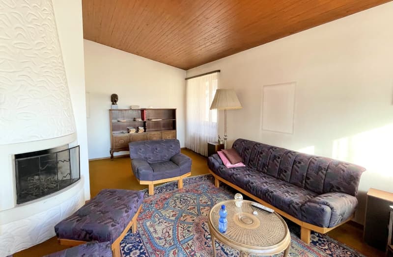Living room with carpet, couch, armchair, coffee table, lamp, fireplace, wooden shelf, books, remote control, bottle