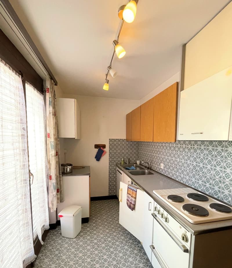 modern kitchen, electric stove, sink, cabinet, patterned wall