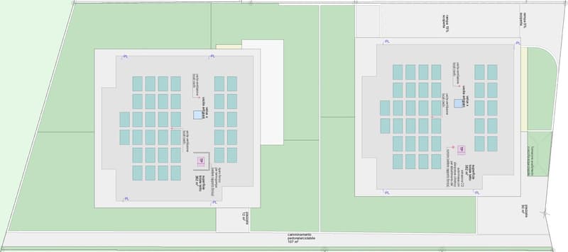 2 blocks with multiple units each, outdoor spaces, paths, parking area