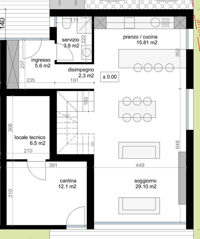 Service area, dining room/kitchen, bedroom, bathroom, technical room, hallway, balcony