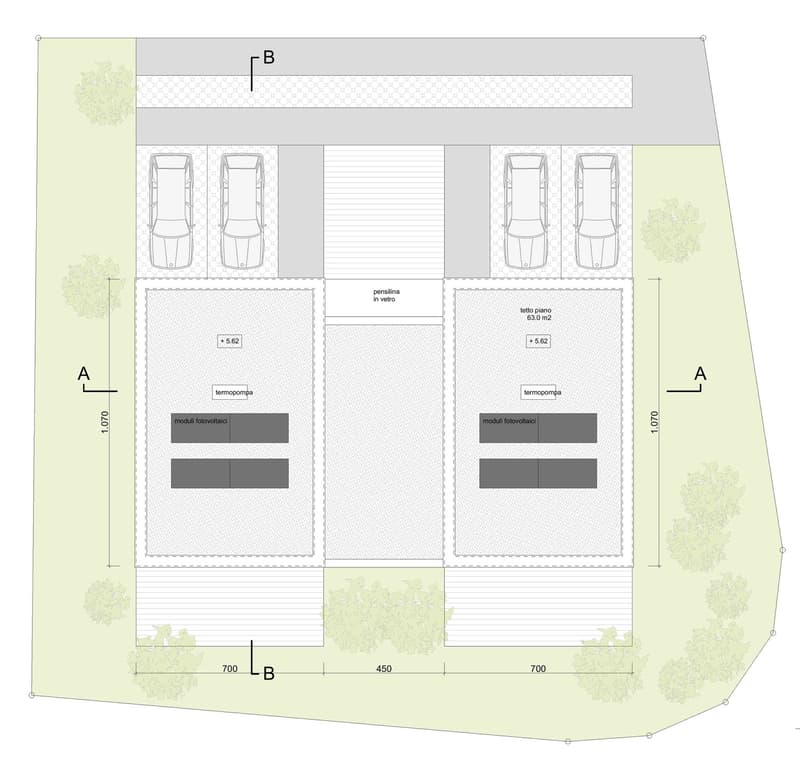 Parking spaces outlined, labeled, with dimensions and photovoltaic modules.