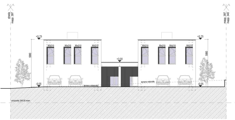 The floor plan depicts a double residential building with a central entrance. Each building has five windows and a designated parking space.