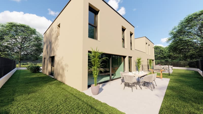modern single family house, two stories, glass doors and windows, paved outdoor seating area, lawn, and trees