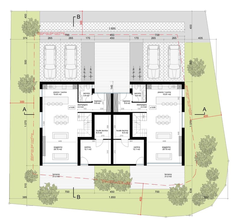 Plan includes two floors, two dining rooms, kitchens, bedrooms, bathrooms, garages, terraces, and parking spaces.