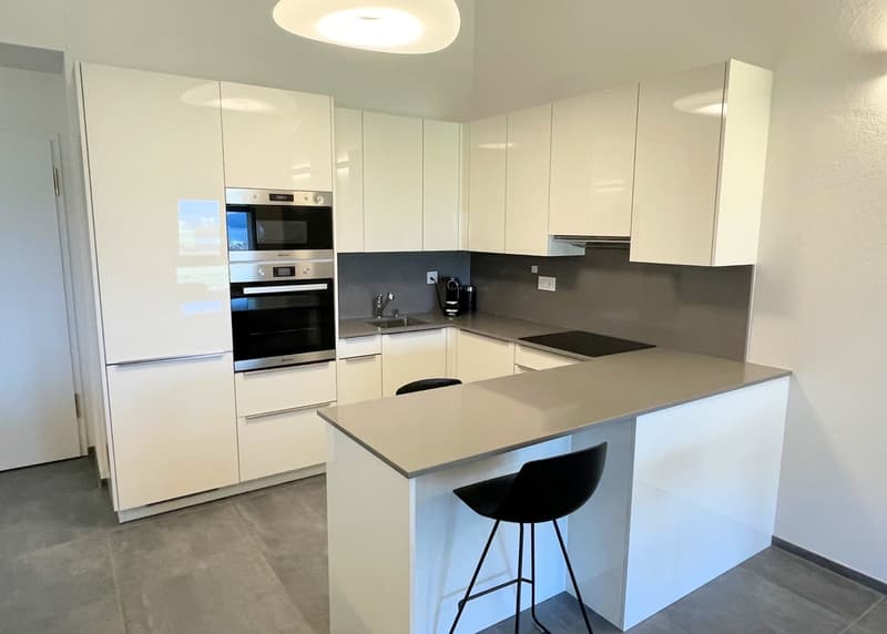 modern kitchen, white cabinets, gray countertops, built-in oven and microwave, sink, dishwasher, black bar stools