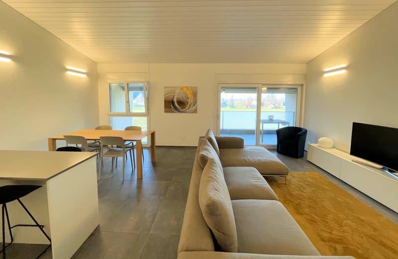 modern living room with large windows, beige sofa, dining table, TV, carpet, white walls, modern decor