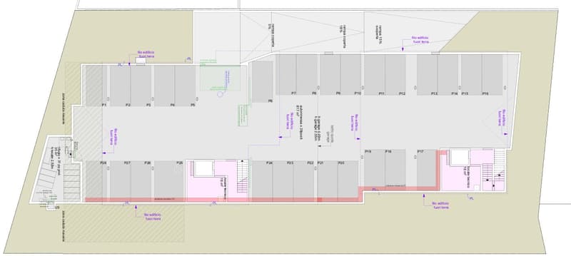 Floor plan with multiple rooms and parking spaces