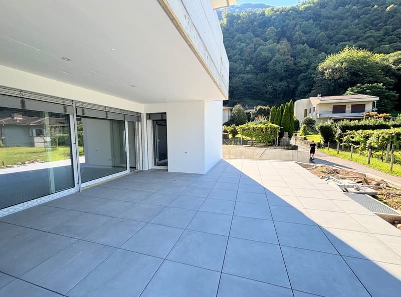 modern building with glass walls, tiled terrace, entrance door, pathway, greenery, mountains in the background