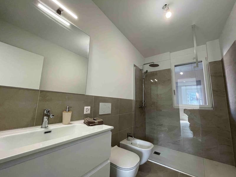 modern bathroom with white sink, mirror, shower, bidet, and toilet