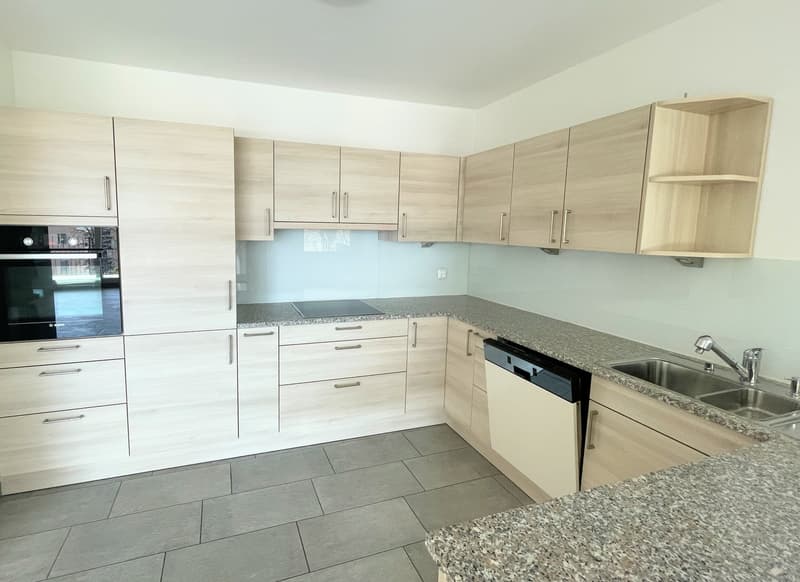modern kitchen with wooden cabinets, granite countertops, built-in oven, dishwasher, granite sink, faucet