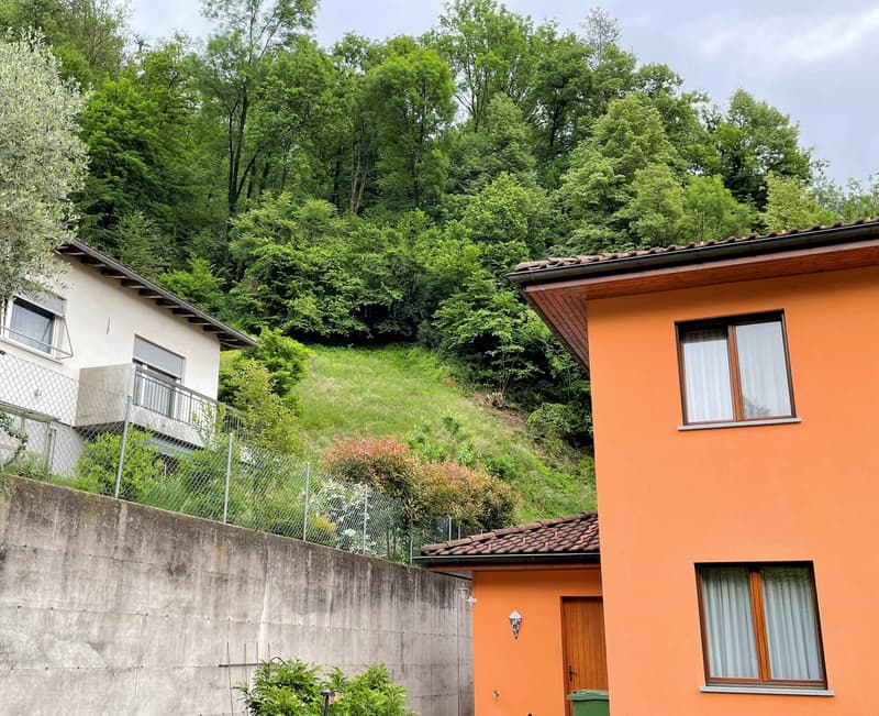Two houses, one white and one orange, with a concrete wall, a grassy slope, and a fence in between them. The white house has a balcony with a railing, and the orange house has a wooden door and windows with white curtains. There are trees and plants in th