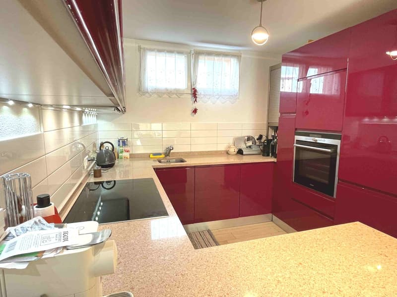 Red cabinets, granite countertop, black induction hob, stainless steel sink, built-in oven, dishwasher, white tiles, window with curtains