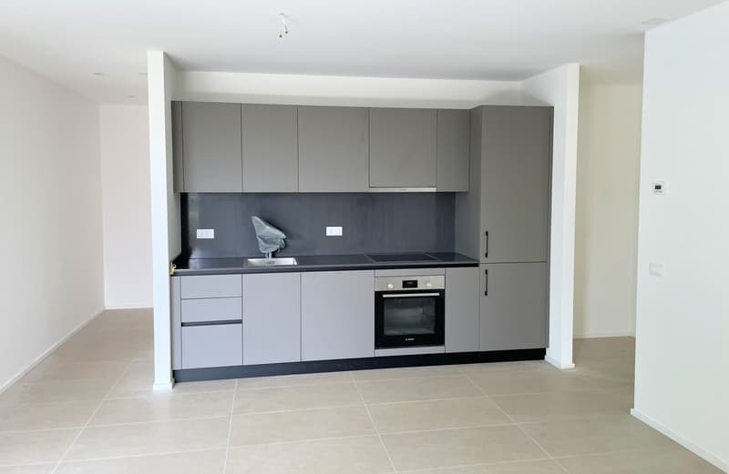 modern kitchen with gray cabinets, black countertops, stainless steel sink, built-in oven, tiled floor