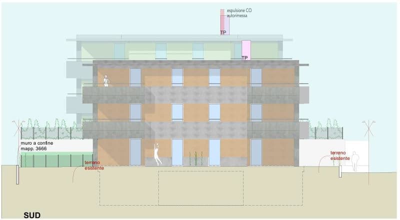 5 story building, multiple balconies, outdoor terrace, existing wall, outdoor area