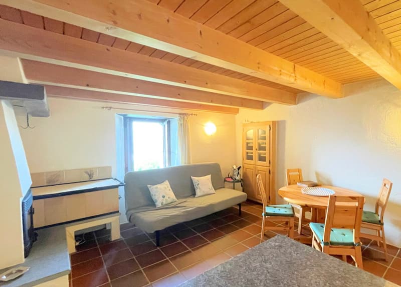 living room with sofa, dining table, chairs, wooden ceiling, fireplace, window