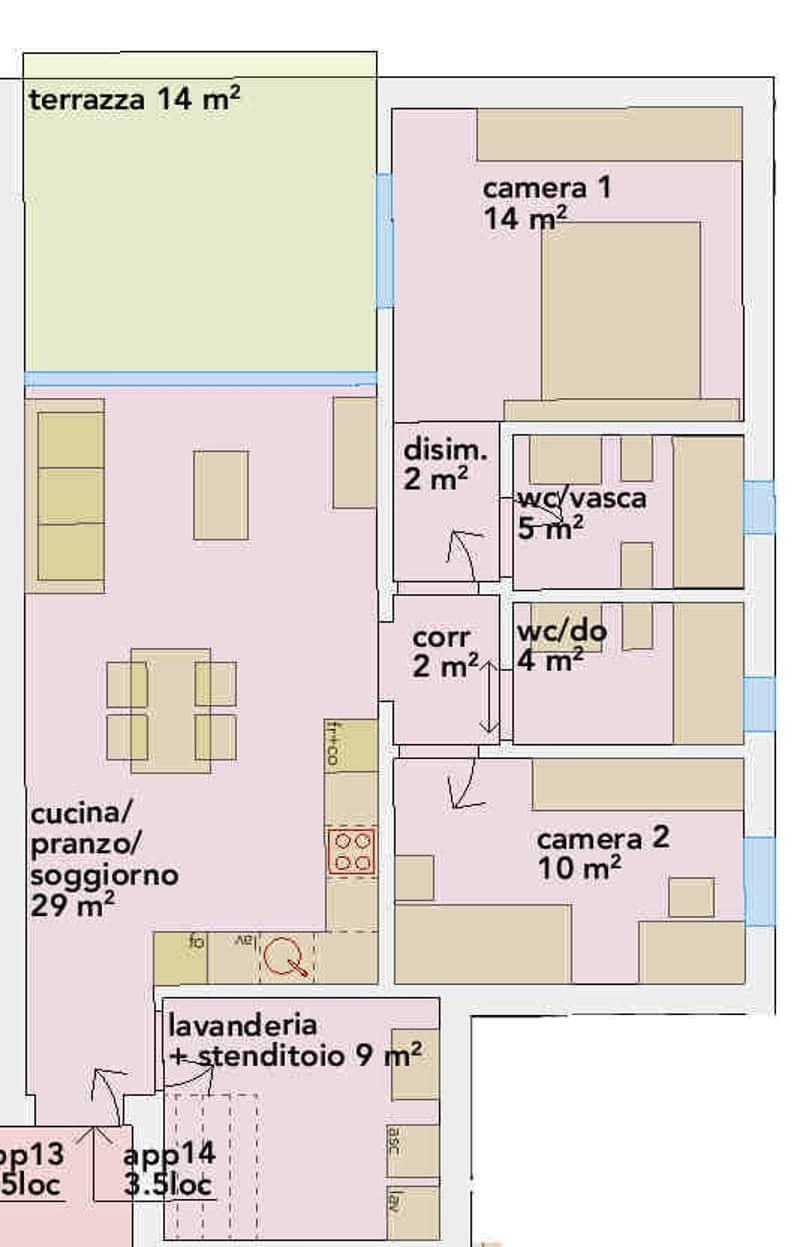 terrazza, camera 1, dism., wc/vasca, corr, wc/do, cucina/pranzo/soggiorno, camera 2, lavanderia