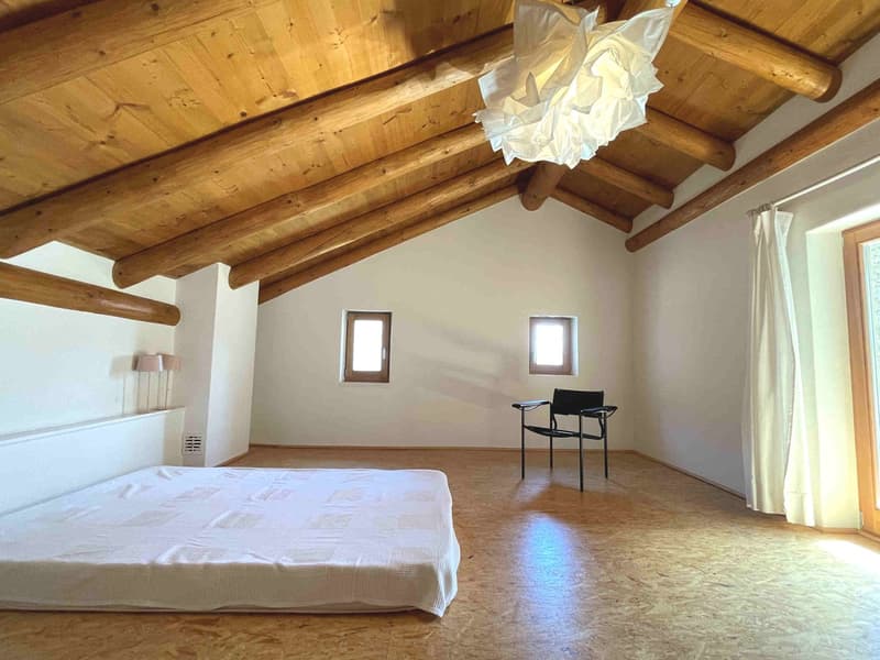 wooden ceiling, white walls, bed, chair, lamps, windows