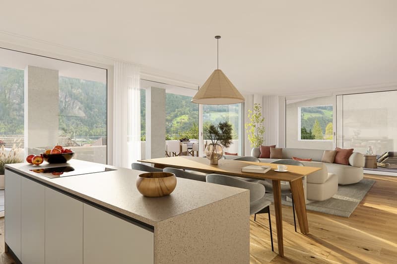 open plan living area, large windows, modern furniture, dining table, couch, mountain view