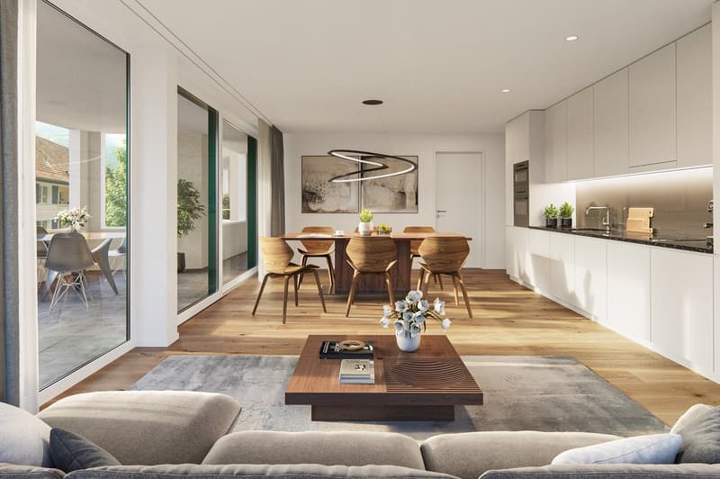Modern living room with wooden floor, dining table and chairs, couch, coffee table, lamps, mirror, white cabinets, and large windows