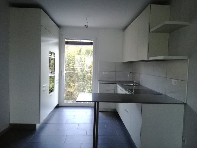 Fully fitted with white cabinets, modern tile flooring, integrated oven and dishwasher, large sink with faucet, central island with countertops, appliances.
