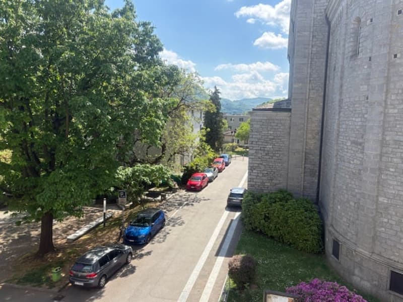 Cars parked on the side of the road, trees, bushes, buildings, mountains in the distance
