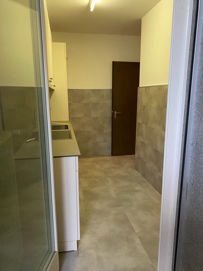 Small room with kitchen area, two sinks, tiled floor, and one brown door.