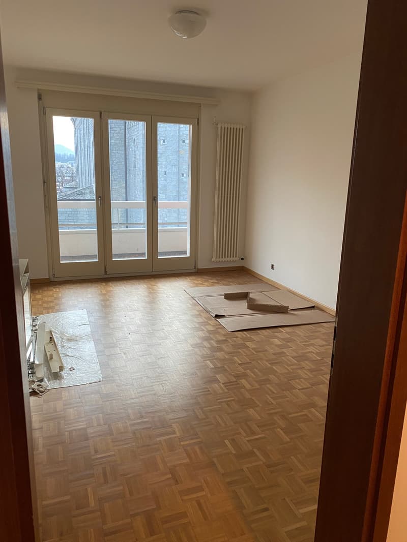 empty room, wooden parquet floor, large sliding windows with balcony, white walls, white radiator